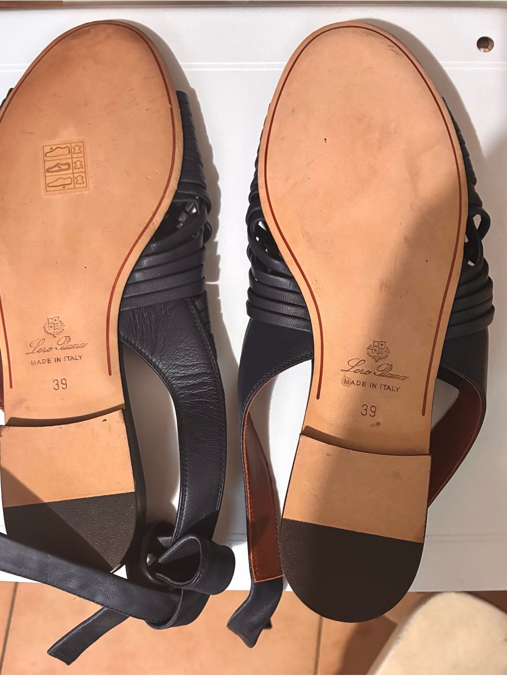 Loro Piana Navy Woven Leather Slingback Sandals with Cognac Insole - Picture 3 of 4